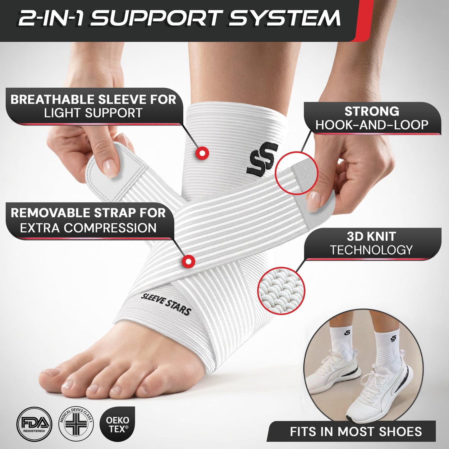 Sleeve Stars Ankle Brace for Women & Men, Ankle Wrap for Sprained Ankle, Compression Sleeve for Plantar Fasciitis Relief, Easy Customizable Support: w/Removable Strap (Single/M:10"-12"/White)