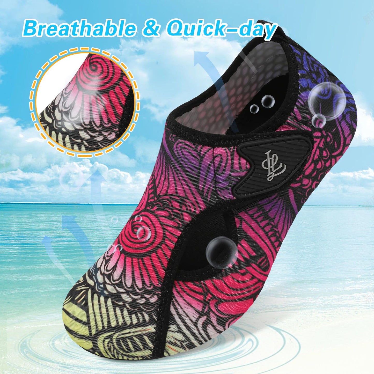 LeIsfIt Water Shoes for Women Men Swim Beach Barefoot Shoes Quick Dry Aqua Socks for Pool Diving Lake Surf, Color Pattern, 8-9 Women/7-7.5 Men