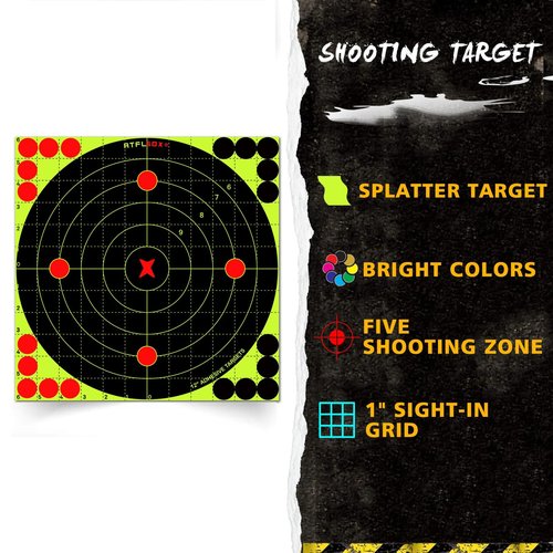 ATFLBOX 12X12 Inch Splatter Adhesive Bullseye Fluorescent Yellow Shooting Target Stickers, Sight in Shooting Range Paper Targets, Rective for Handguns, Rifle, Pistol, Pellet Guns, BB Gun (25 Pack)