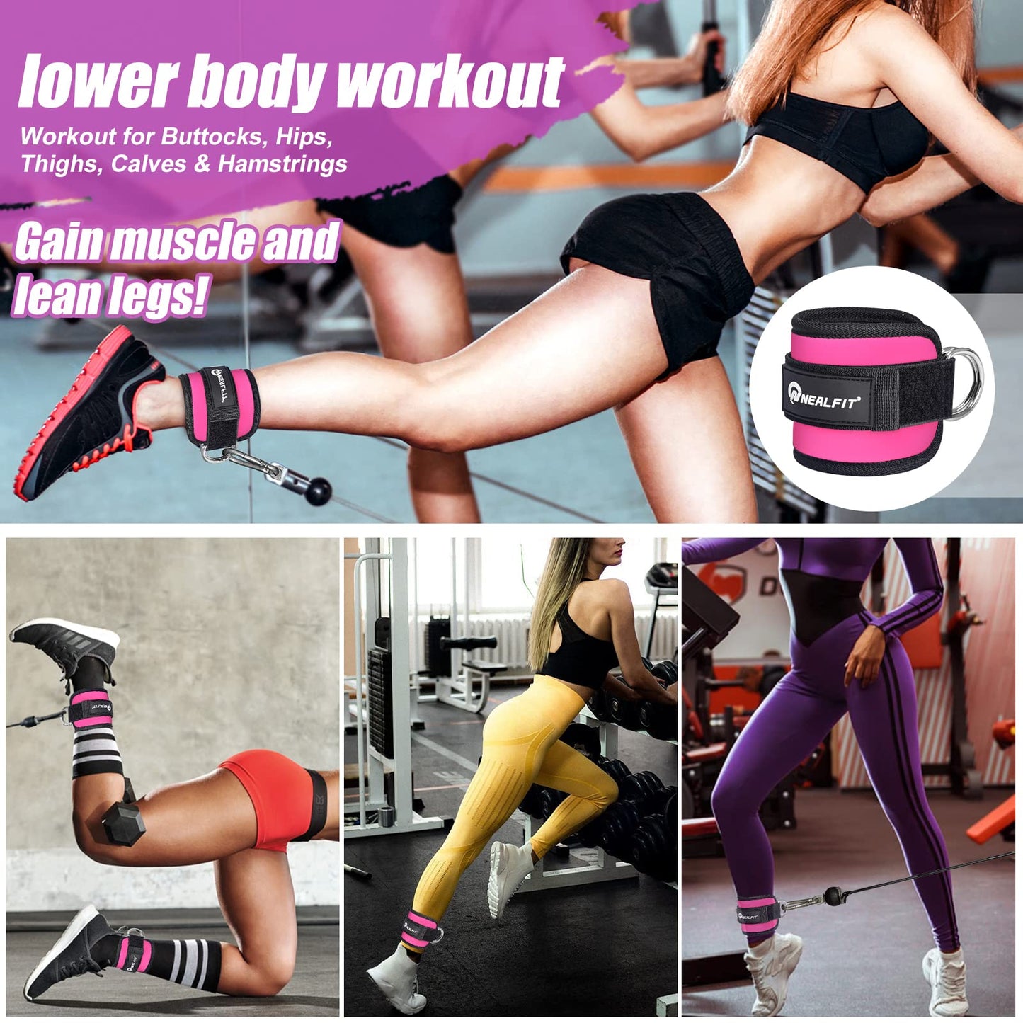 NEALFIT Ankle Strap for Cable Machine, Gym Ankle Cuff for Kickbacks, Leg Extensions, Glute Workouts, Booty Hip Abductors Exercise for Women and Men (Pink, Pair)