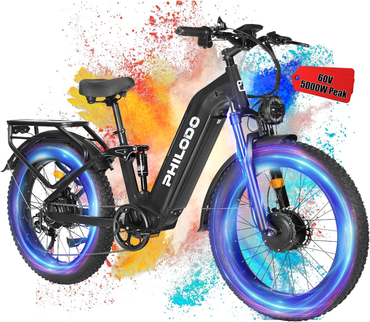 PHILODO Falcon 60V 32AH Off-Road Electric Bike 45MPH - 5000W Peak Dual Motor Hunting Ebike, Fat Tire Full Suspension Dirt Bike for Adults, Long Range Snow/Sand Electric Bicycle