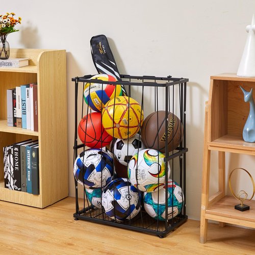 Garage Ball Storage Wall-Mounted & Floor Sports Equipment Organizer: Sports Ball Rack with Elastic Rope, Ball Holder for Basketball, Soccer, Volleyball, Football, Garage, Gym, Black(Patent Pending)