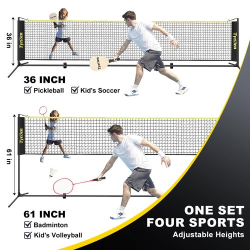 TYRSEN Portable Pickleball Badminton Net Set, 17FT Adjustable Heights All-in-One Net w/4 Pickleball Paddles 4 Badminton Rackets, Freestanding Net for Backyard Family Sports