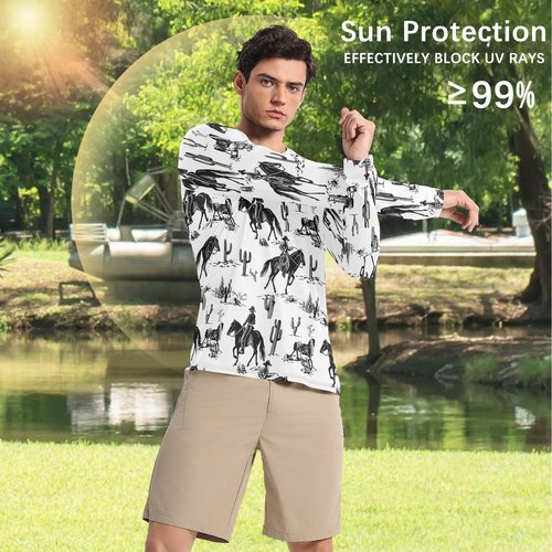 Bulletgxll Cowboys Riding Horses Men's Sun Protection Shirts UPF 50+ Long Sleeve UV Rash Guard Quick Dry Swim Shirts