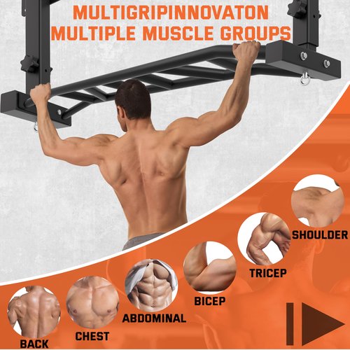 HWOOUSA 48" Joist Mounted Pull Up Bar, Multi-Grip Ceiling Mount Chin Up Bar for Garage, Basement, Beam, Rafter, Truss Easy installation, Heavy Duty, Adjustable Height, Cross Training Strength Building