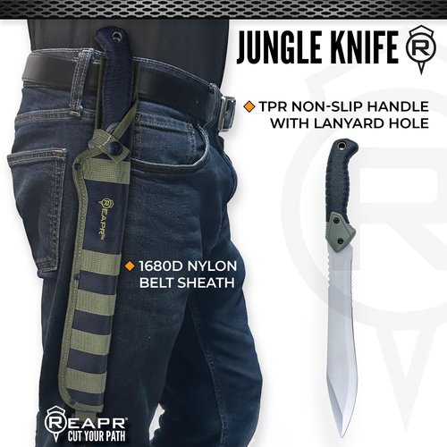Reapr TAC Jungle Knife – 11″ Fixed Blade with Partial Serrations, Non‑Slip Grip & Belt Sheath