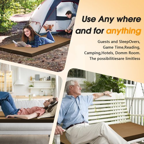CYMULA Camping Cot Mattress 2in Memory Foam Sleeping Pad,Soft Warm Non-Slip Camping Mattress Topper with Retaining for Adults,Portable Roll up Pad for Travel(Dark Brown 75"x30")
