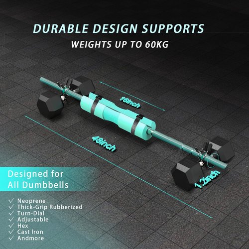 48-Inch Dumbbell to Barbell Converter with Barbell Pad – Supports 132 lbs Max Weight – Premium Aluminum Alloy with Secure Dumbbell Strap – Ideal for Hip Thrusts, Deadlifts & Squats at Home Gym