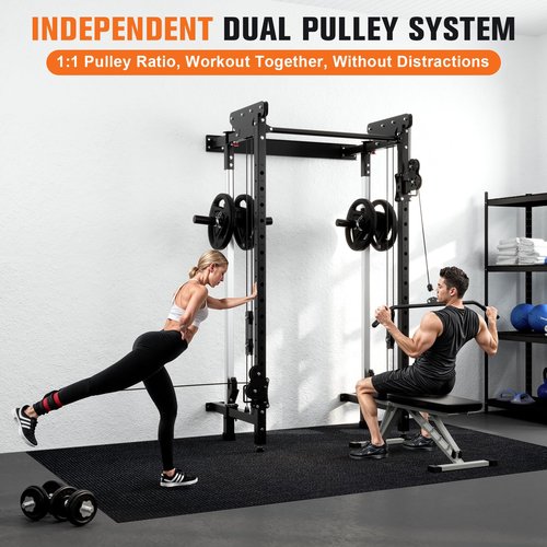 FiitDavz Folding Squat Rack - Wall Mounted Power Rack Cage with Cable Crossover Machine & LAT Pull Down - Functional Home Gym Trainer with 5 Adjustable Modes - with Safety Arm and Dips Attachment