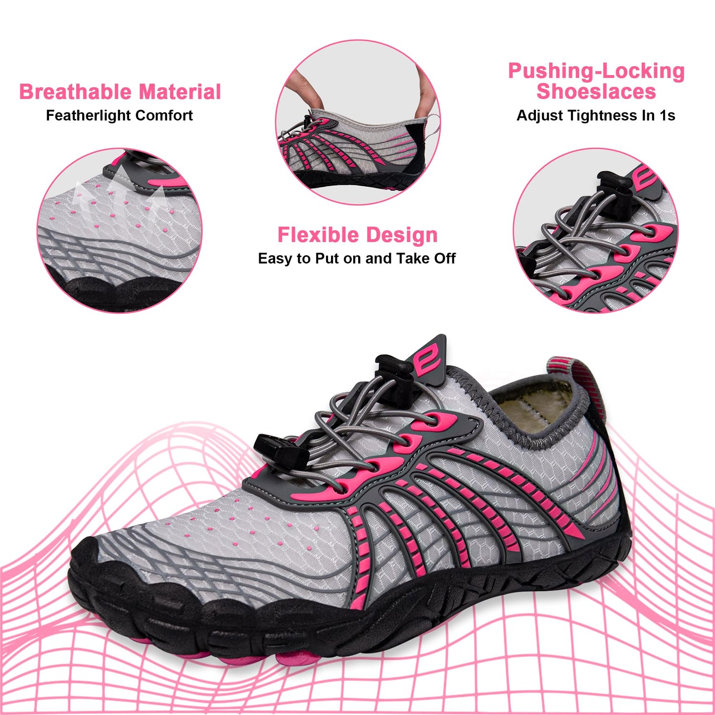 Water Shoes for Women Men, Quick Dry Barefoot for Workout, Hiking, Walking, Yoga, and Water Sports, Lightweight, Non-Slip, Athletic River Shoes for Outdoor Sports and Exercise Gray/Pink