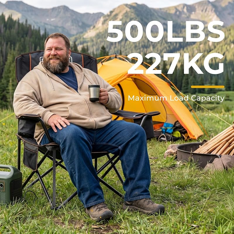 Overmont Oversized Camping Chair for Adults - 450 lb Capacity, Fully Padded High Back (Black)
