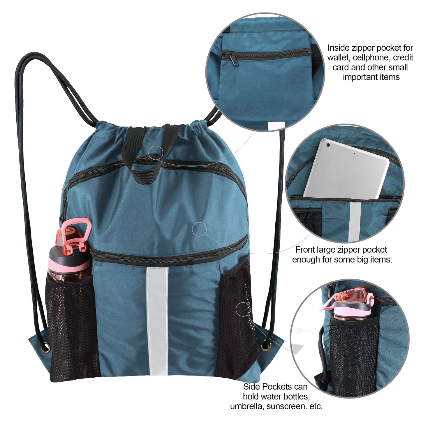 BeeGreen Workout Backpack with Shoe Compartment - Large Sackpack String Bag with Zipper Pockets and Water Bottle Pockets - Sports Yoga Cinch Bag for Gym - Haze Blue