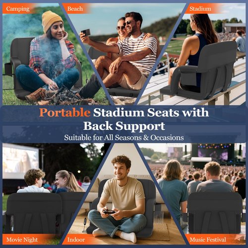 Seeutek Heated Stadium Seats with Back Support and Wide Cushions for Bleachers, Portable Bleacher Chairs with Backrest, USB 3 Levels and 5 Pockets Foldable Stadium Chairs, 1PC 25Inch