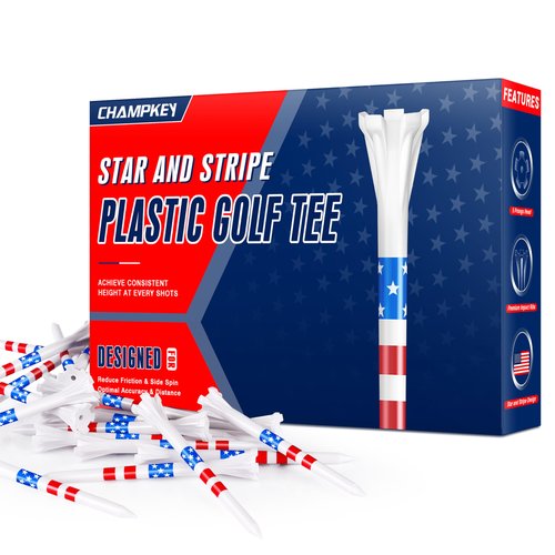 CHAMPKEY 5 Prongs Plastic Golf Tees 100 Pack - Star and Stripe Marking System Golf Plastic Tees - Lower Friction and Longer Distance Golf Tees (3-1/4")