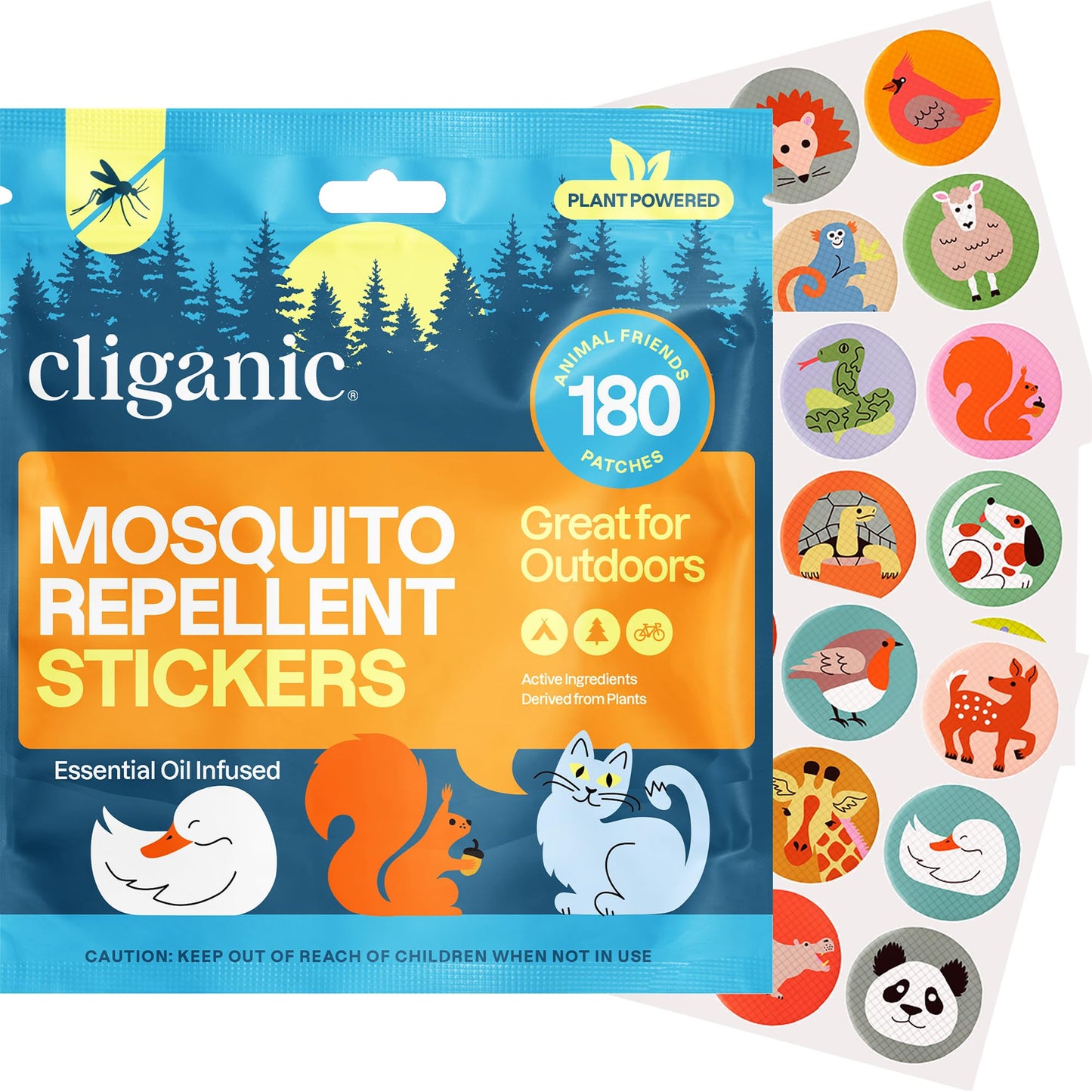 Cliganic Mosquito Repellent Stickers for Kids (180 Pack) - Animal Toddler Patches, Natural DEET-Free, Essential Oil Infused, Insect Repelling Garments