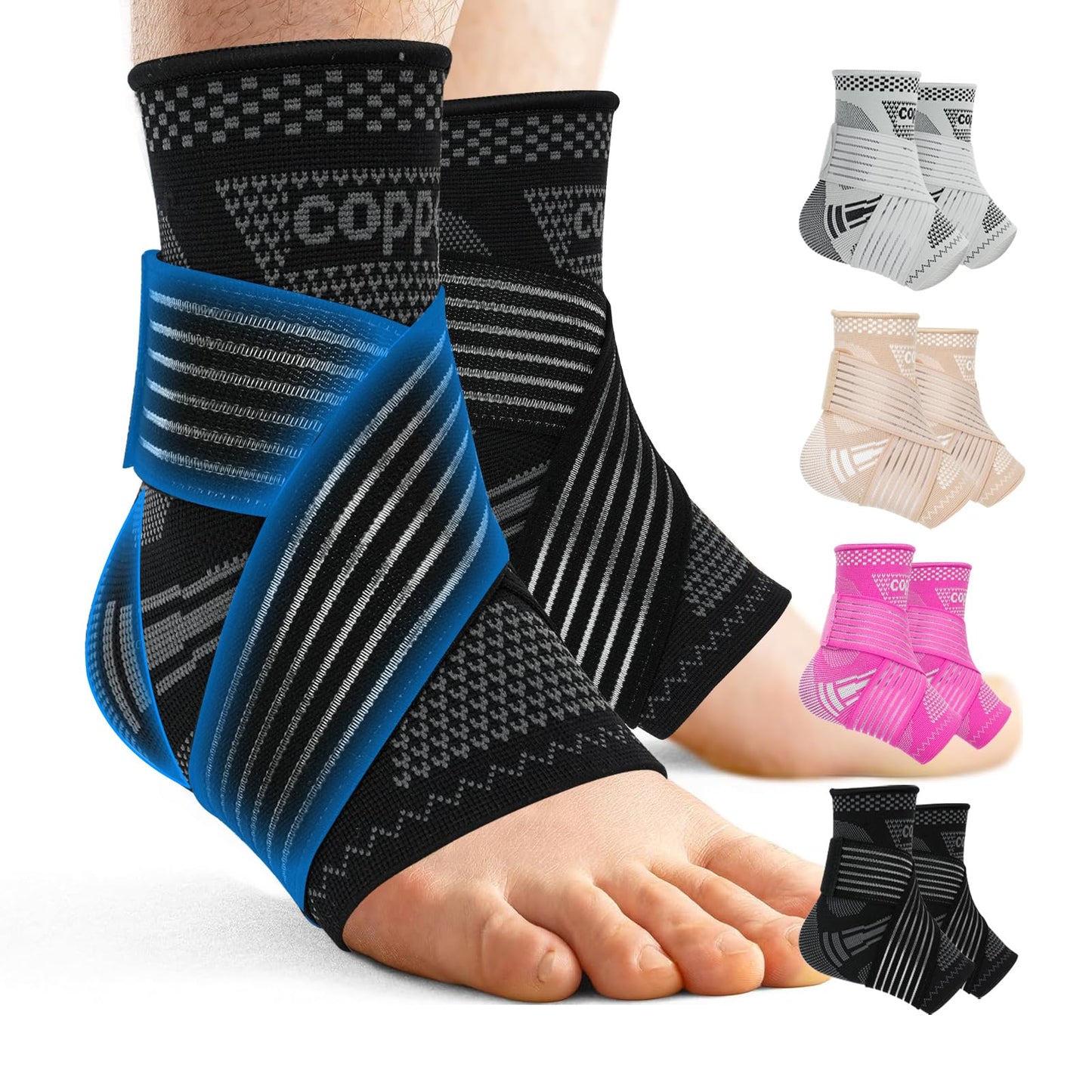 DRNAIETY Copper Ankle Brace for Men & Women - 1 Pair Adjustable Ankle Support Compression Sleeve for Plantar Fasciitis, Achilles Tendonitis, Foot Pain, Swelling, Sprains - Everyday Use (Black, Medium)