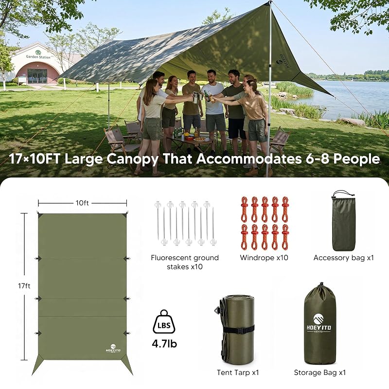 17x10 ft Large Waterproof Camping Tarp with PU6000mm Rain Fly - UPF100+ Sun Protection, Lightweight Canopy for Outdoor Camping (Army Green)