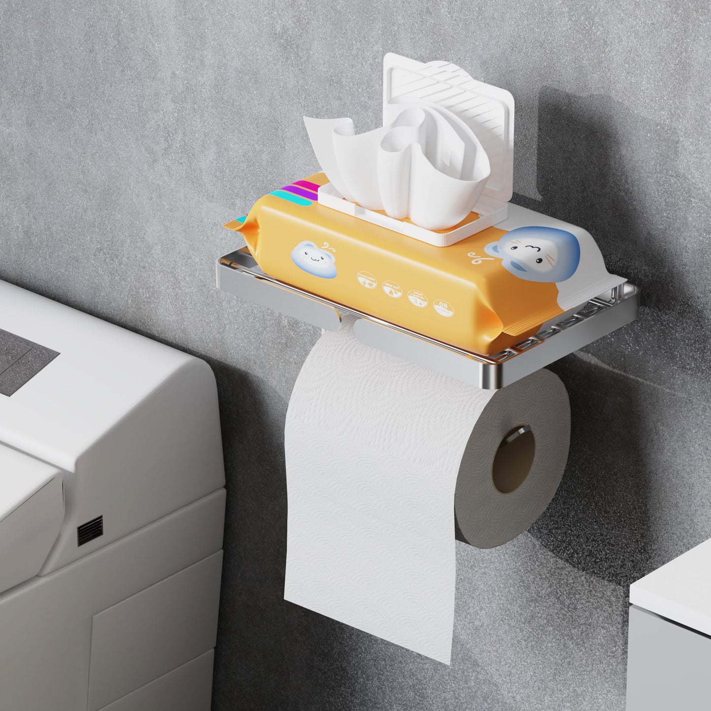 Toilet Paper Holder with Wipes Holder, Self Adhesive Toilet Rolls Holder Without Drilling, Rustproof Stainless Steel