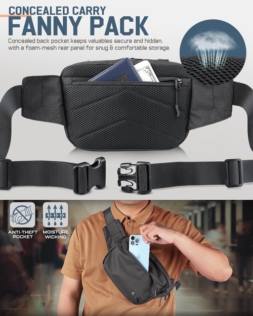 RXW Tactical CCW Fanny Pack, EDC Belt Bag with Holster, Conceal Carry Bag for Men, Adjustable Hiking Waist Pack