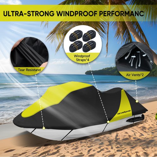 NEVERLAND Waterproof Jet Ski Cover - Compatible with Yamaha Seadoo Kawasaki, Jetski Covers 2 3 Seater UV Resistant 420D Heavy Duty Jetski Cover with 2 Air Vents Personal Watercraft Cover 120" to 135"