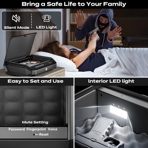 Gun Safe with LCD Display, ??.1s Quick Access Handgun Safe for 2-4 Pistols, Hand Gun Lock Box with Fingerprint | Keypad | and Keys for Home Drawer Bedside Nightstand TOPMEDA