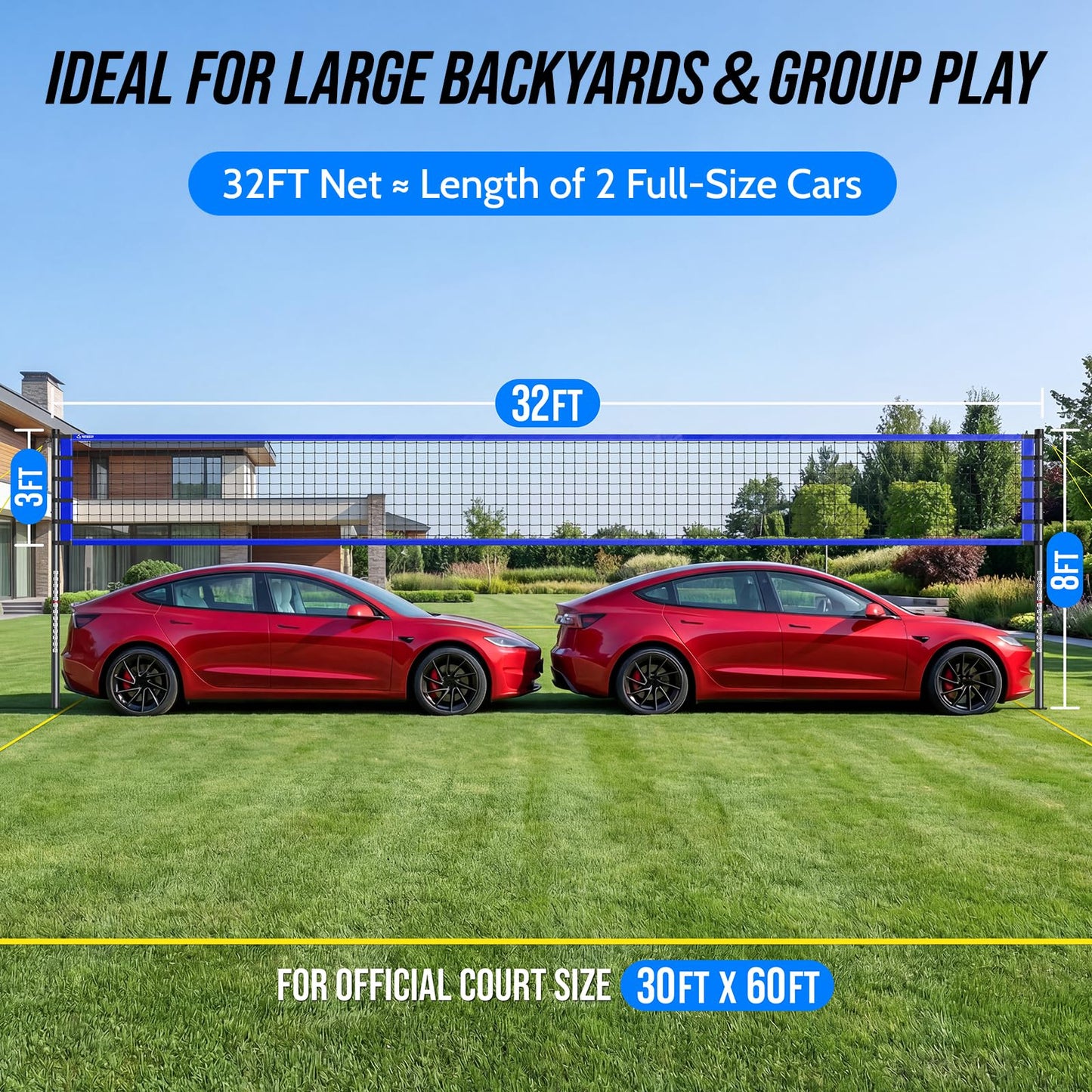 Outdoor Volleyball Net Set for Backyard & Beach, 32FT Regulation Size, Easy Setup Adjustable Height Poles, Portable Net System with PU Volleyball, Pump & Carry Bag