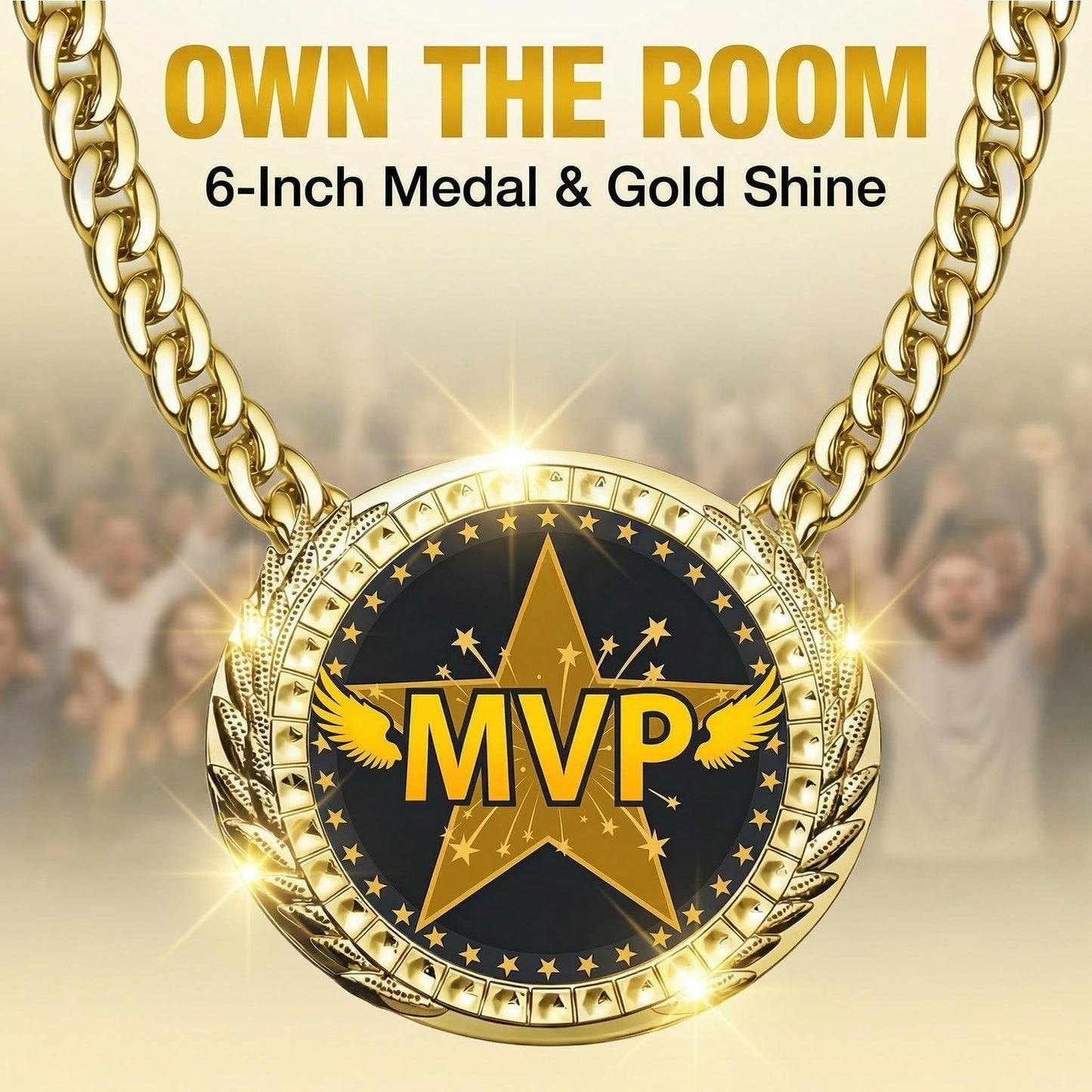 Opxuliix MVP Award Medals Turnover Chain - 6 Inch Big Gold Sports Achievement Champion Necklace for Most Valuable Player, Championship Medal for Football Soccer Basketball, Prize Gift Party Favors