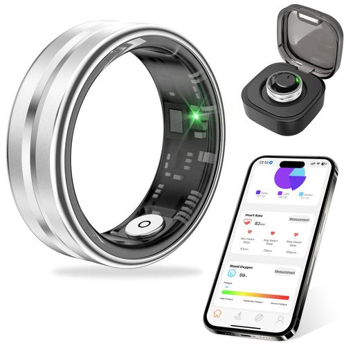 Thin Smart Ring for Fitness & Health Tracking -Pedometer,Sleep/Heart Rate/Blood Oxygen Monitor, Gesture Control / 5ATM Waterproof -No APP Subscription Compatible with Smart Phone (Silver, 9)