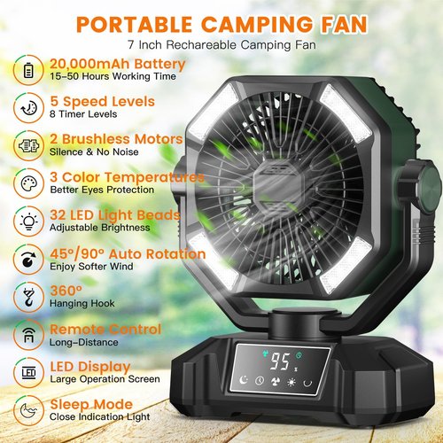 Camping Fan Rechargeble - Portable Battery Powered Fan 20000mAh with LED Lantern Light, Oscillating Tent Fan with Remote, USB Output, Dual Motor, Camping Fans for Tents, Travel, Home (Forest Green)