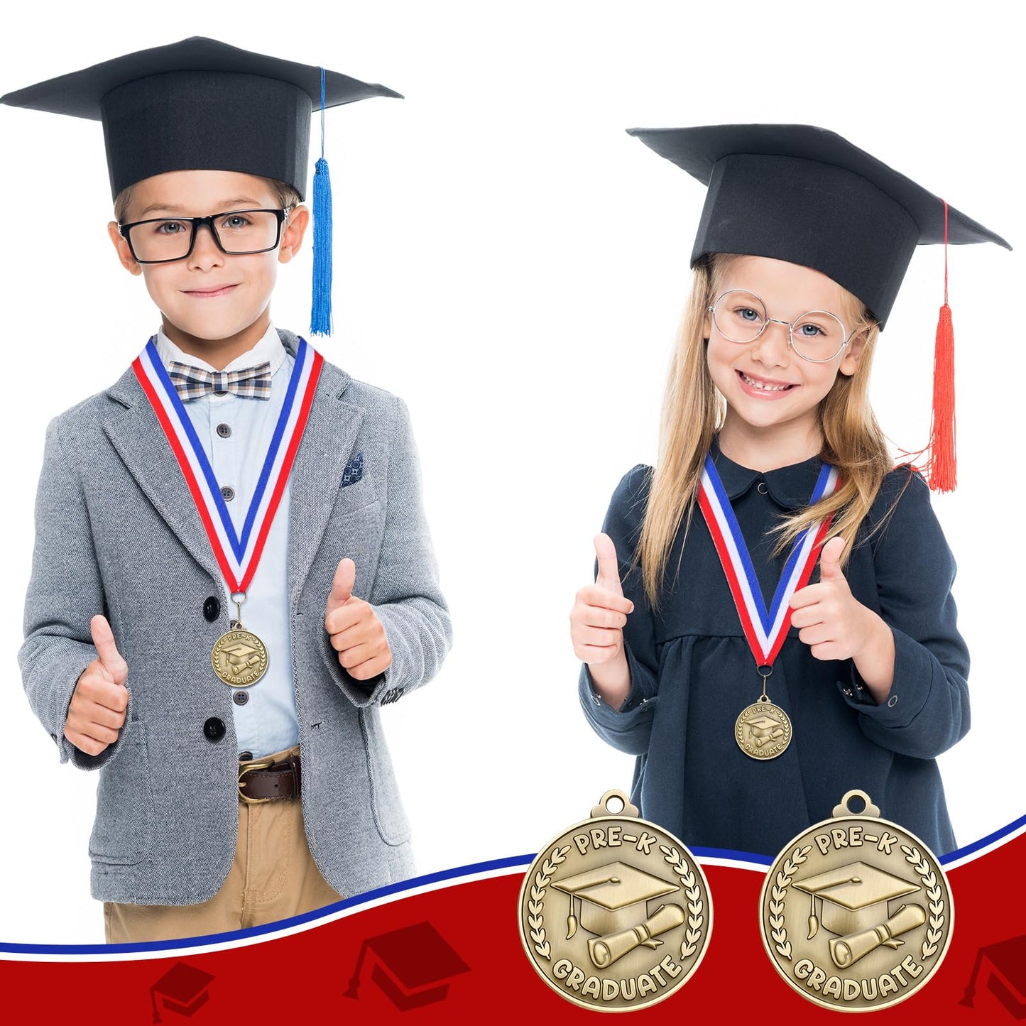 Remuuly 30/60 Pcs Kindergarten Graduation Award Medals for Kids 2'' Preschool Award Medallion with Neck Ribbon Congrats Graduation Gifts for School Student Party Favor(30 Pcs,Cap)