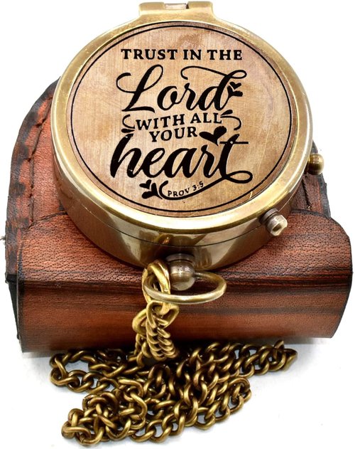 Antique Brass Compass Lord with All Your Heart | Engraved Pocket Chain Compass with Leather Case for Outdoor Hiking Traveling Use