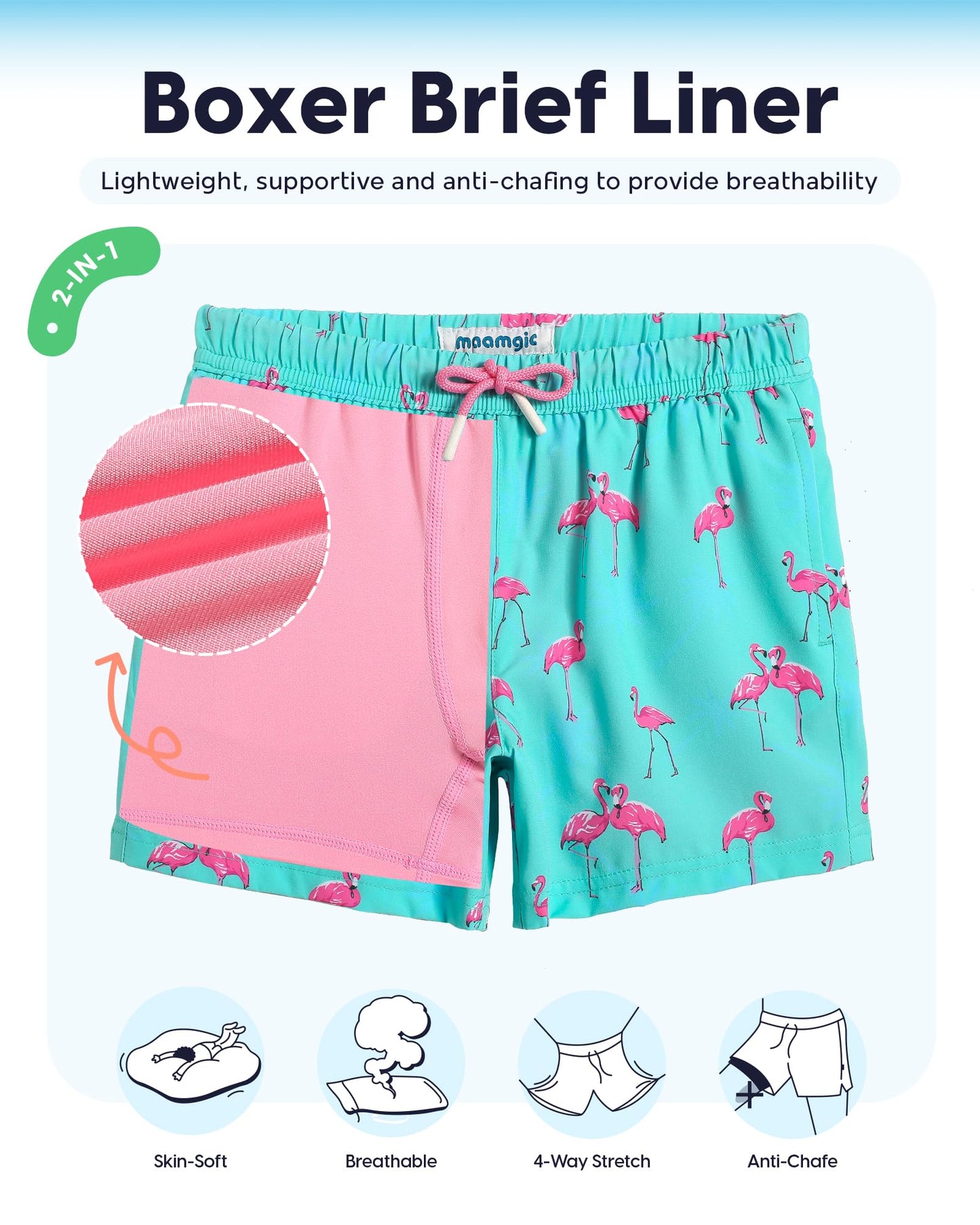 maamgic Boys Swim Trunks with Compression Liner Toddler Stretch Swim Shorts Quick Dry Swimming Trunks Boxer Brief 2 in 1 Beach Shorts Blue Flamingos 8