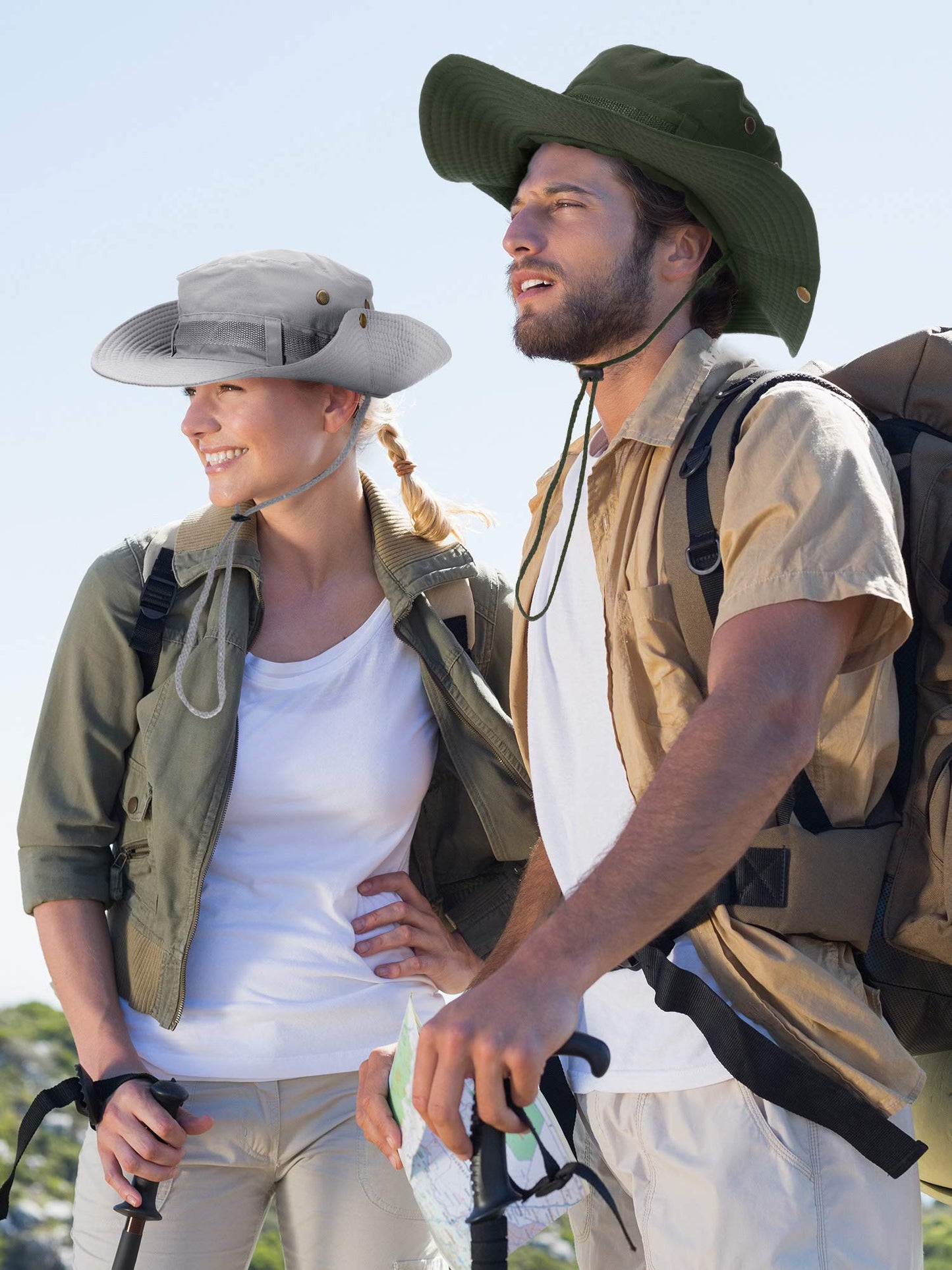 Boao 2 Pcs Sun Hat for Men Women Foldable Safari Hat UV Protection UPF 50+ Boonie Bucket Cap Summer for Hiking Beach Fishing(Arm Green, Light Grey)