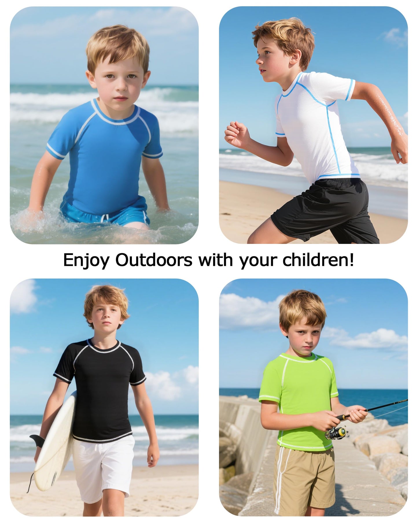 Roadbox Boys Rash Guard Short Sleeve Swim Shirt, UPF 50+ UV Water Shirts for Kids, Surf Fishing Sun Protection Rashguard Sea Blue