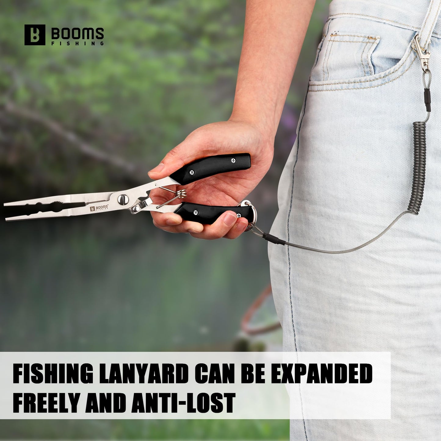 Booms Fishing Pliers Hook Remover: 8" Long Nose Fish Pliers Stainless Steel for Saltwater - Braid Line Cutters with Coiled Lanyard and Safety Lock Design, Multi-Function Fishing Tool For Men, H06