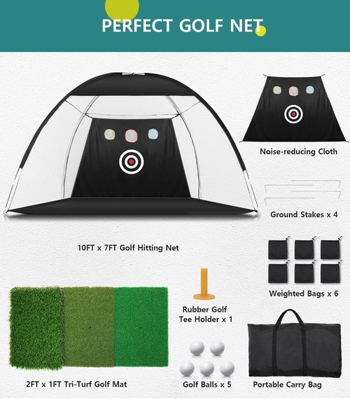 Golf Net: 10x7FT Practice for Backyard Driving, Hitting with Tri-Turf Golf Mat, Indoor Training Chipping Aid Nets with Reduce Noise Nylon Target, Present for Him
