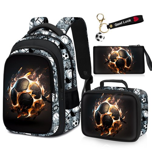 Fitvc School Backpack for Boys - 4pcs Soccer Boys Backpack with Lunch Box Set for Kids Children Teens Elementary Middle School - 17″ Sport Bookbag Travel Back Pack for Age 6-18