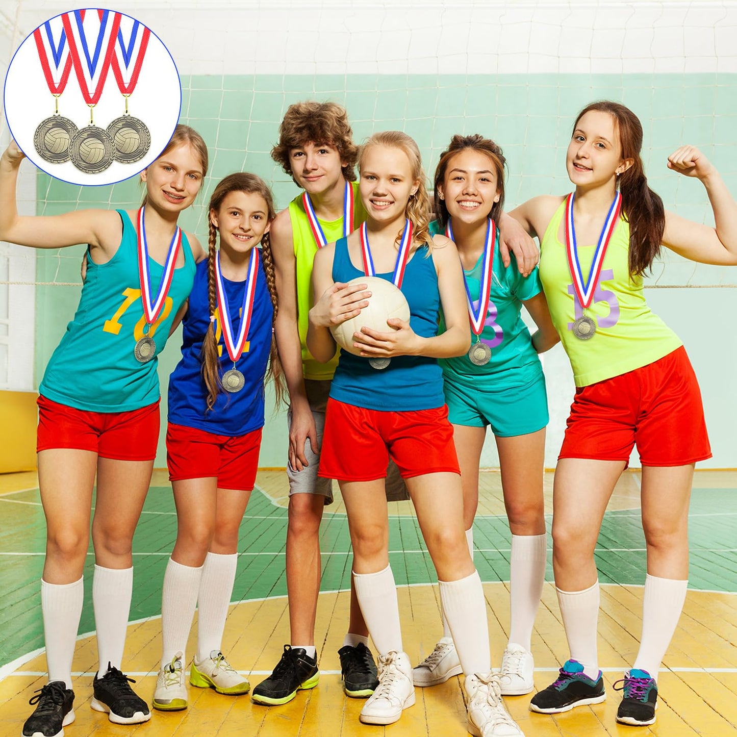 Equsion 36 Pcs 2'' Gold Medals Bulk Volleyball Football Basketball Soccer Baseball Archery Dink Ball Cheer Track Bowling Awards Medals with Ribbons for Sports Participation Winner Gift(Volleyball)