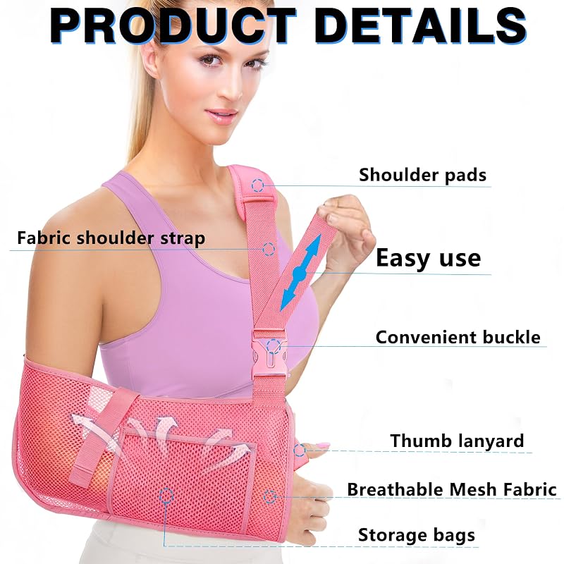 Mesh Arm Sling Shoulder Immobilizer for Rotator Cuff Injury, Reversible Left/Right, Breathable Adjustable Support (Pink, Medium)