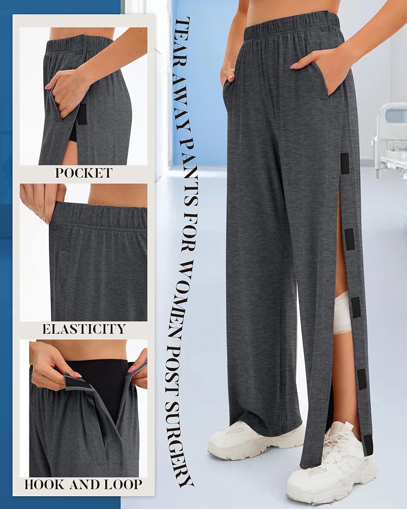 2 Pack Women's Tear Away Recovery Pants - Dark Gray & Black (Medium) – Post-Surgery Loose Fit