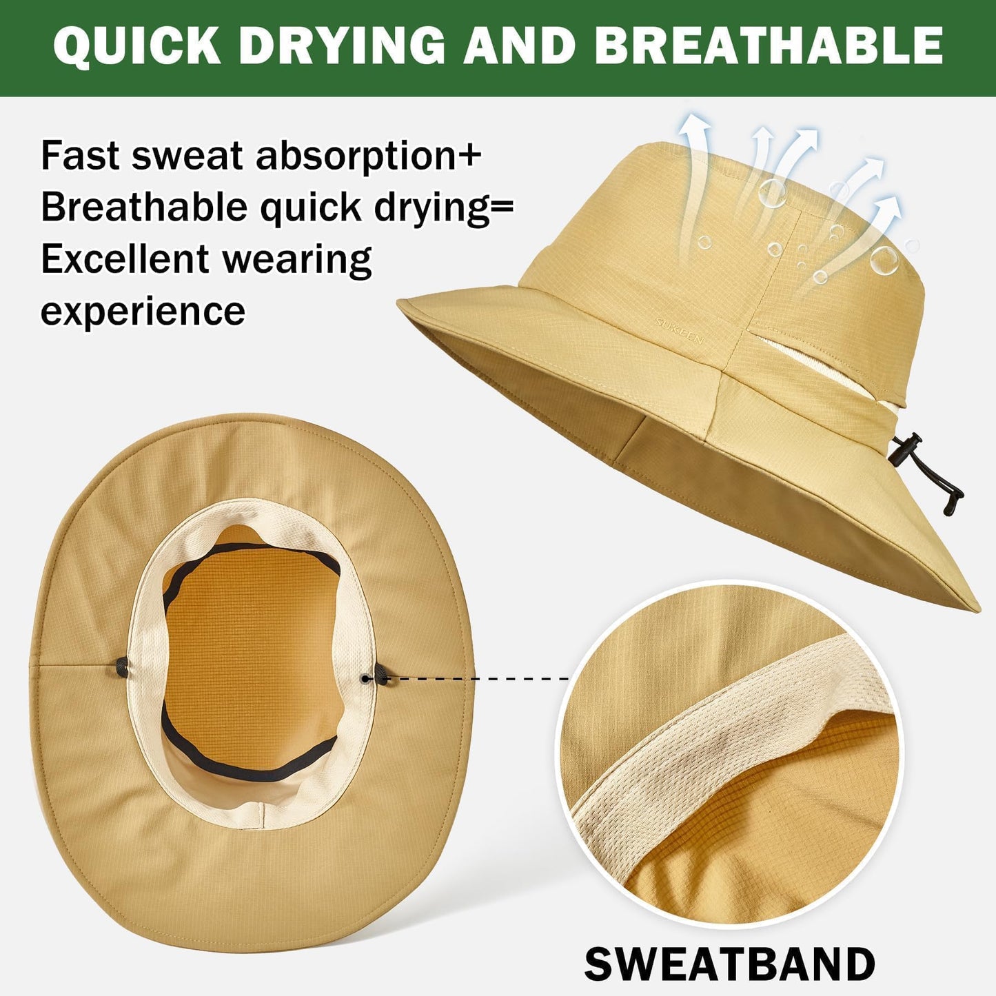 Sukeen Bucket Hat, Waterproof, Skin-Friendly, Shields Neck, Quick-Dry, Sun Hat for Fishing, Outdoor Bonnie hat, Khaki
