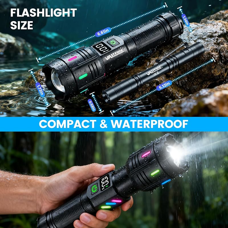 Rechargeable Flashlight, 5000 Ft Long-Range, 30W LED, Dual USB-C — Deep Black