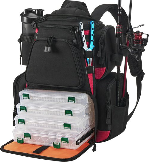 Piscifun Fishing Tackle Backpack with 4 Trays, Large Outdoor Storage Tackle Bag with Protective Rain Cover, Black