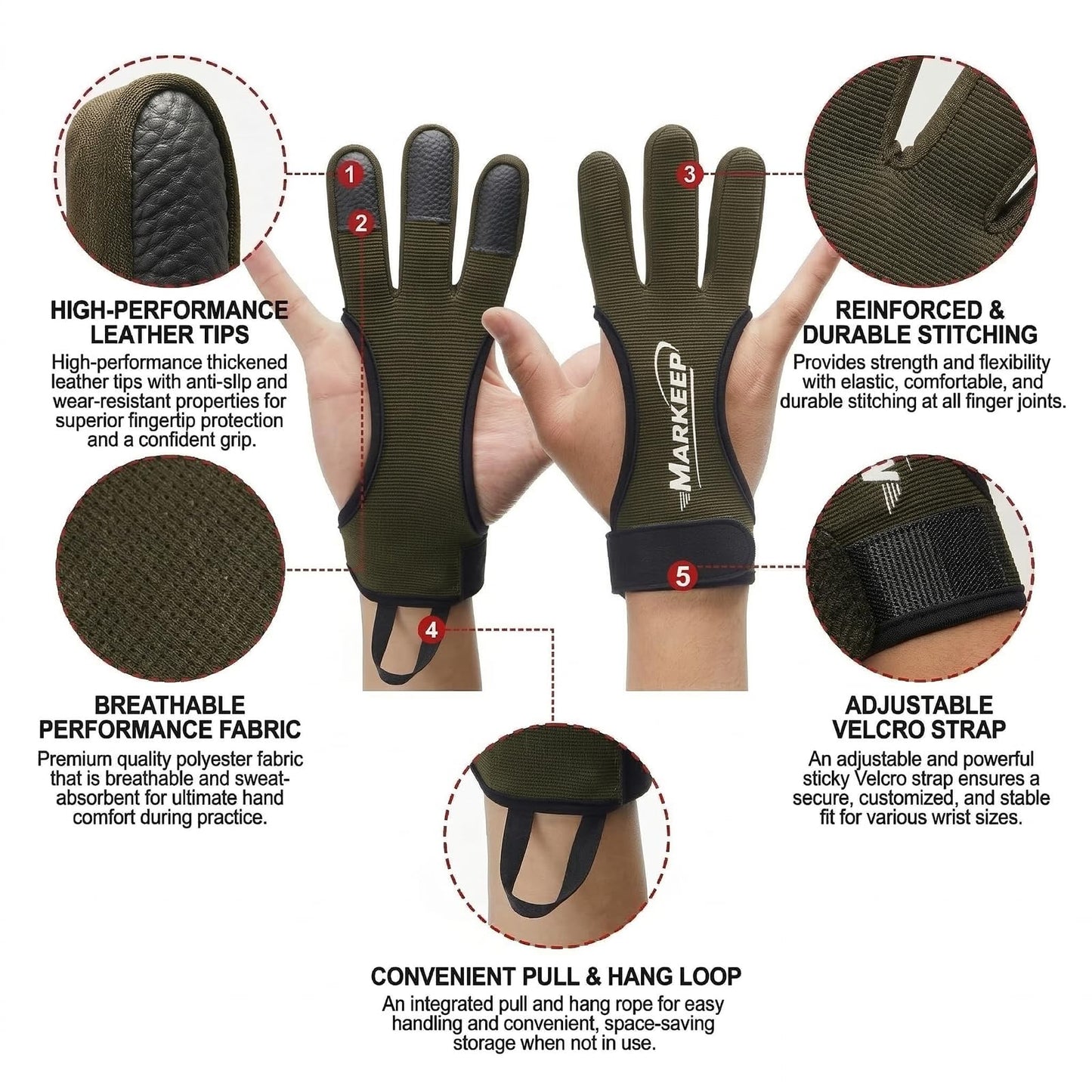 MARKEEP Archery Gloves 2 Pack Shooting Hunting Leather Guard 3-Finger Guard for Youth Adult Man Woman and Beginner Recurve Arrow Bow Archery Protective Gear Accessories