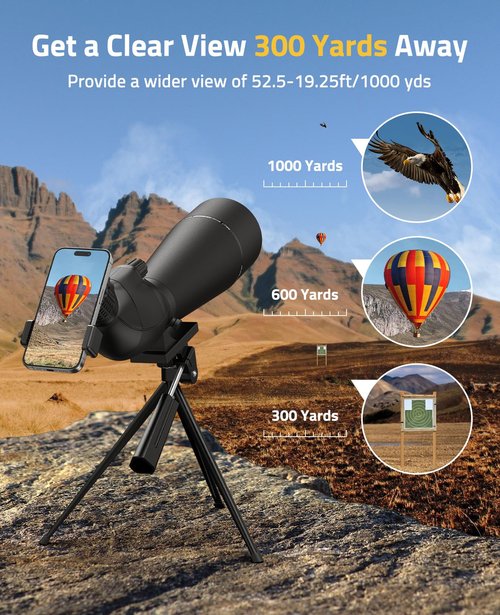 CVLIFE 20-60x80MM Spotting Scope, Spotting Scopes for Target Shooting, BAK4 HD Waterproof Spotter Scope for Birding and Wildlife with Tripod, Phone Adapter and Carrying Bag, Black