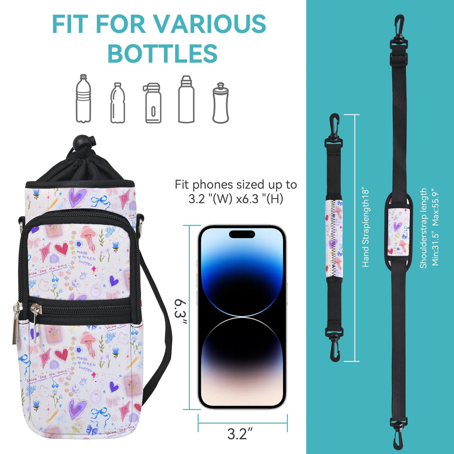 AUPET Water Bottle Sling Bag Sleeve Holder Carrier 25/32/40/64 oz,Insulated Crossbody Water Bottle Case Cover with Strap and Pockets for Men/Women Walking Hiking (Sweet Dreamy, 25oz)