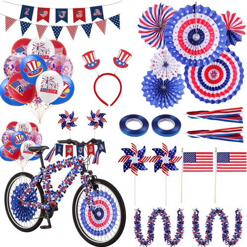 4th of July Bike Decorations Patriotic Bike Decor Set I LOVE USA Sign Banner, Hanging Paper Fans, Tinsel Garland, Streamers, Flags, Balloon for Independence Day Kids Bike Parade Party Favor