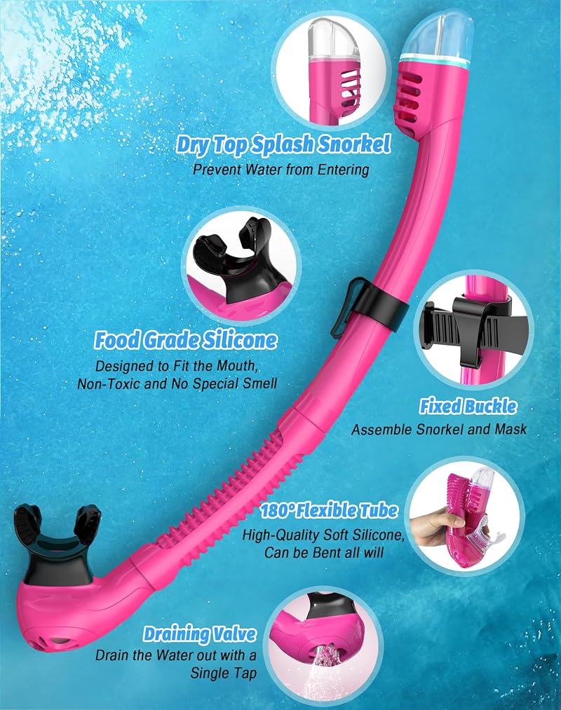 Diving Snorkel Mask Set 180° Vision Dry Top Anti-Fog Anti-Leak for Adults - Black Pink Variation