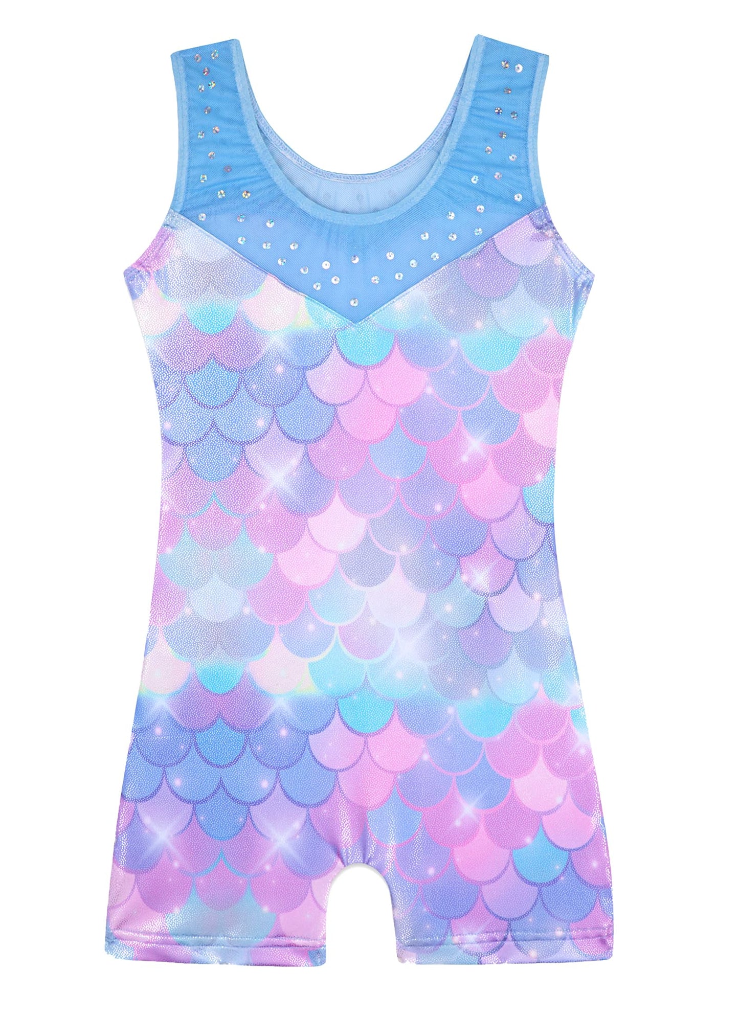 HOZIY leotards for girls gymnastics size 6-7 years Spliced Mesh Strap Tumbling Outfits Biketard Practice Blue Mermaid Rhienstone Sparkly ropa de gimnasia para niñas