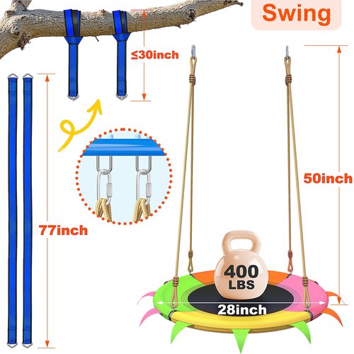 Saucer Swing for Kids Outdoor - 400lb Heavy-Duty Tree Swing with Adjustable Straps & Ropes, Weather-Resistant Outdoor Seat (Child-Safe, Vibrant Colors)